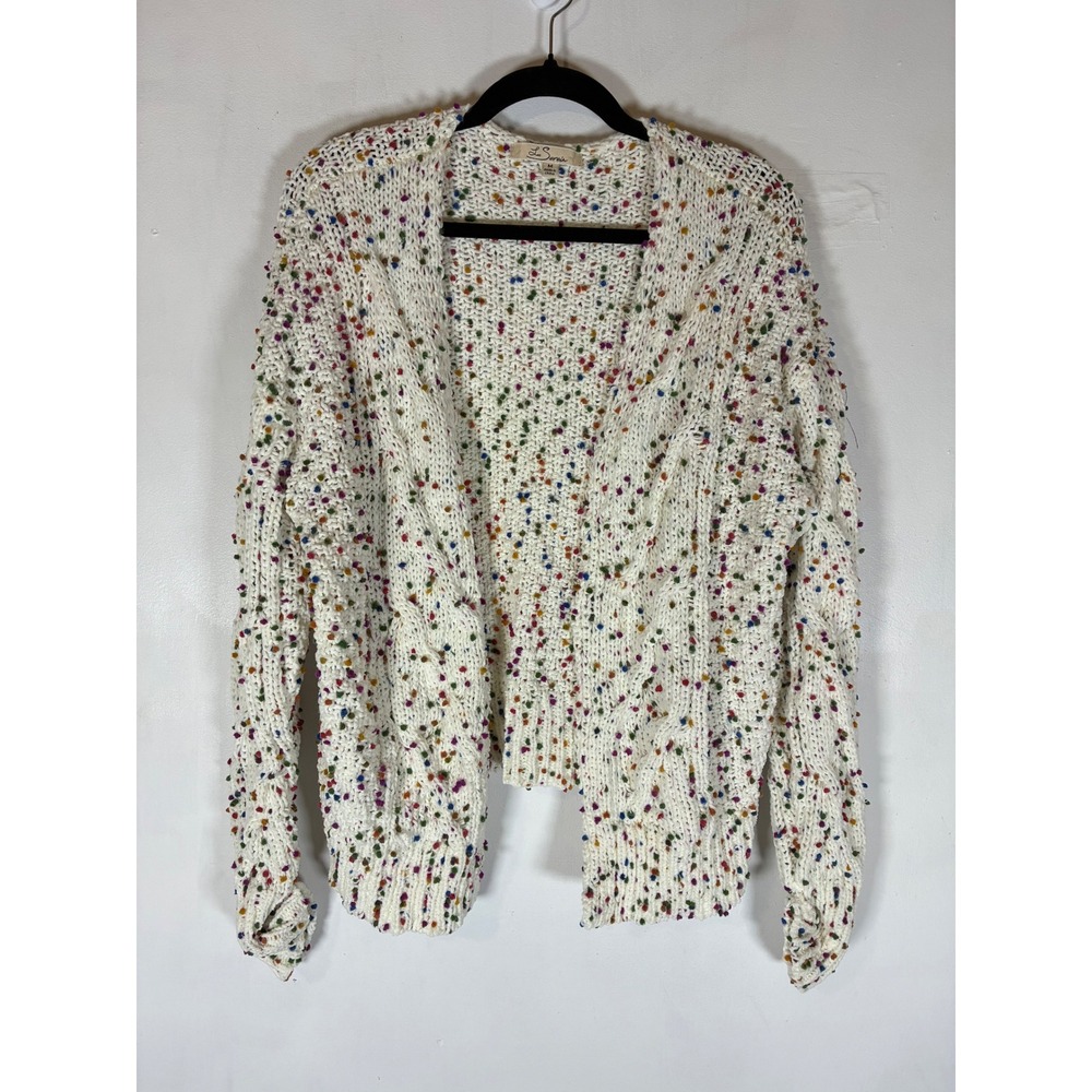 Les Serein M Confetti Cardigan Rainbow Textured Popcorn Knit Open Front Sweater